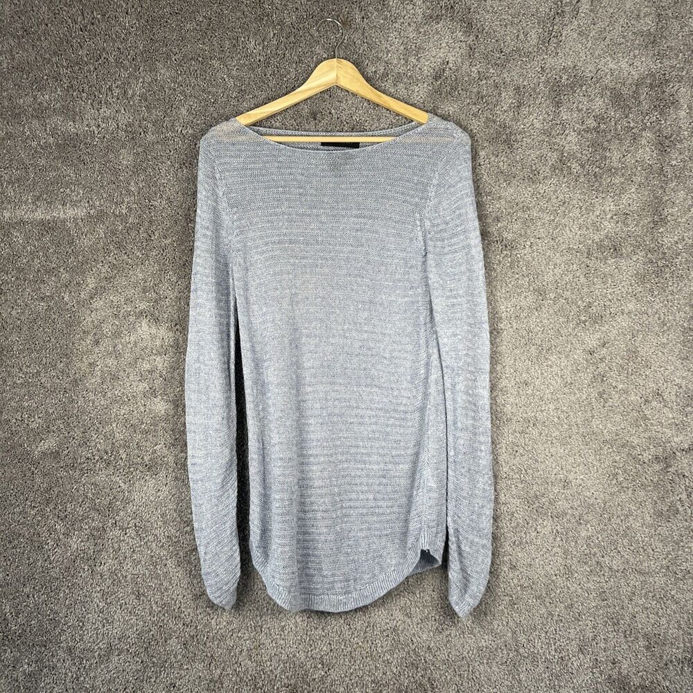 Tahari Sweater Womens Medium Blue Linen Open Knit Round Neck Long Sleeve